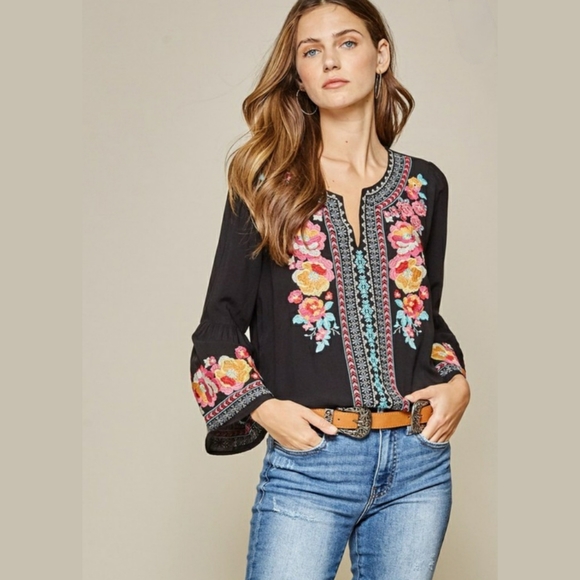 NWT Trumpet Sleeve Embroidered VNeck Black Tunic - Picture 3 of 6